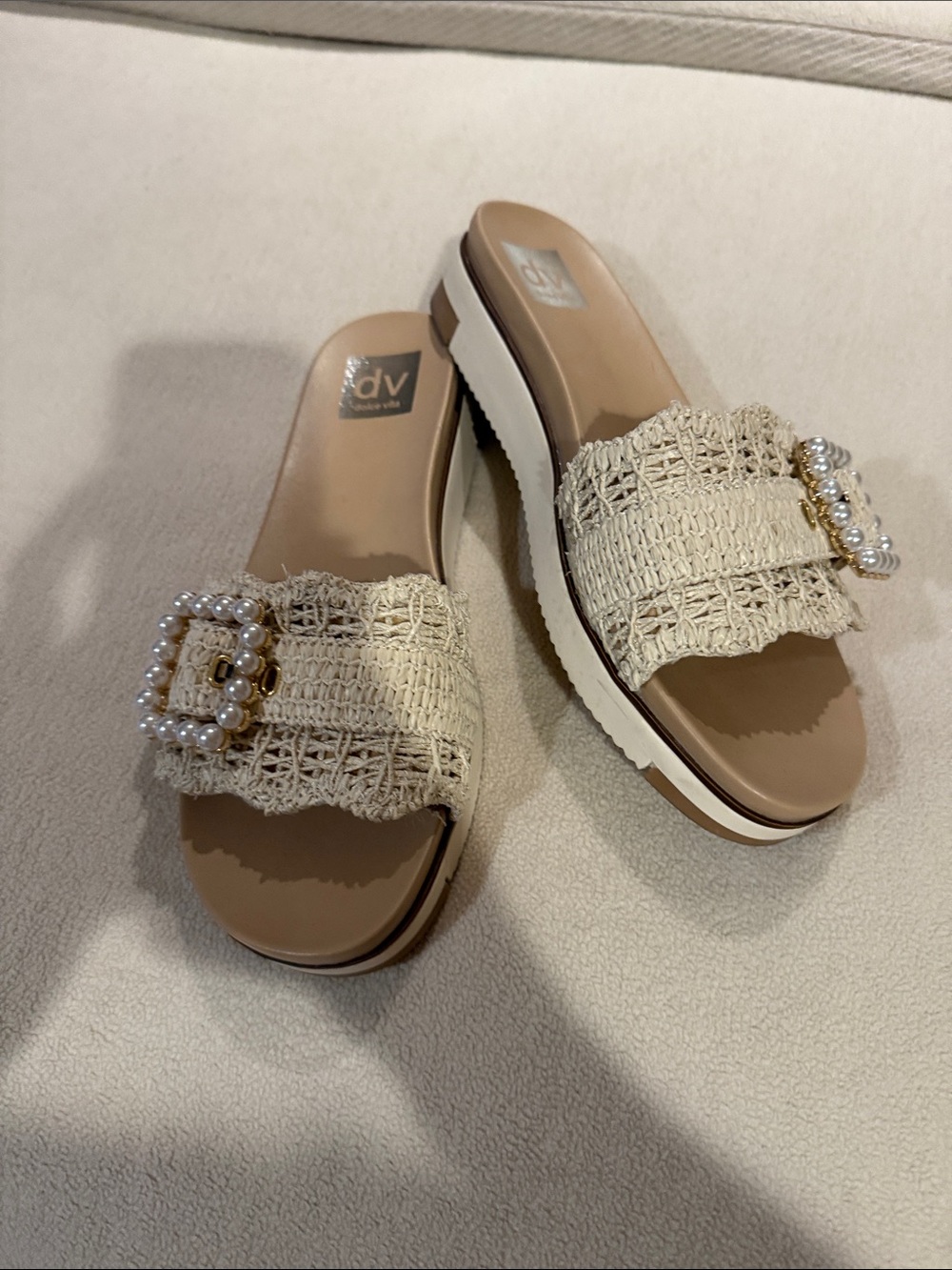 DV by Dolce Vita Beige Crochet Slide Sandals with Pearl Buckle